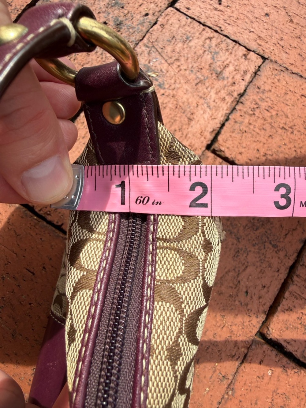Coach Beige Signature Canvas Shoulder Bag with Plum/Burgundy Leather Panel - Picture 8 of 12